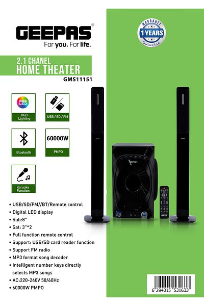 Geepas 2.1 Channel Home Theatre | Spkr/ Usb/ Sd/ Fm/ Rmt| Bluetooth Digital LED Display| GMS11151