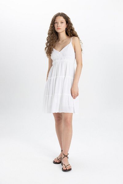 DeFacto Weißes Minikleid mit A-Linie und V-Ausschnitt und Trägern B9019ax24sm