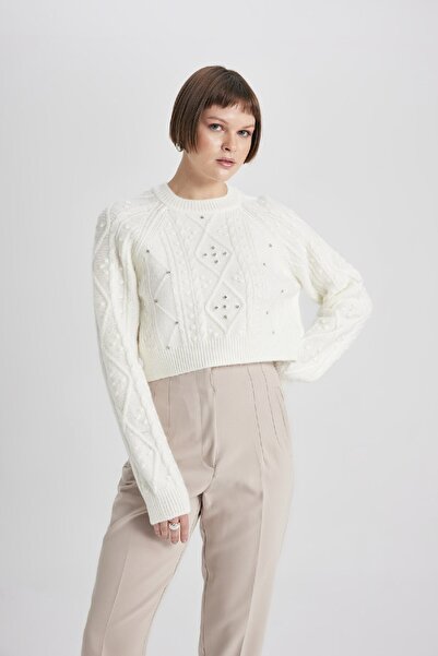 DeFacto Crop Bisiklet Yaka Taşlı Triko Kazak C0781ax23wn