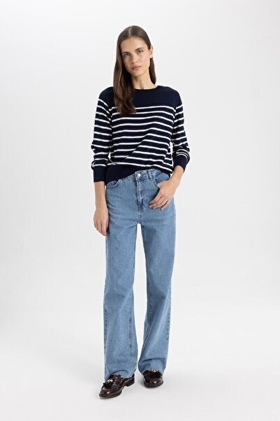 DeFacto Normál szabású, puha textúrájú nyakú, csíkos kötöttáru pulóver 25k 801005192