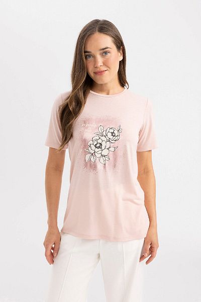 DeFacto Tricou cu mânecă scurtă cu flori cu decolteu în formă regulată C2123AX24SP