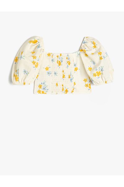 Koton New Season Floral Patterned Cotton Square Neck Balloon Sleeve Crop Blouse