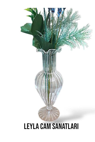 LEYLA CAM SANATLARI CAM ÜFLEME VAZO DÜZ MODEL ÇİZGİLİ CAM [19cm]