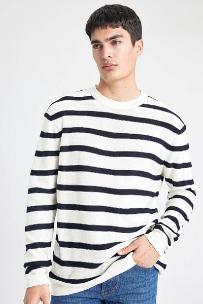 DeFacto Standard Fit Regular Cut Crew Neck Knitwear Striped Sweater B9724Ax24Au