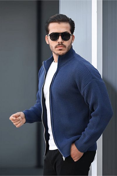 Valiberta Oversize Thessaloniki Knitted Zippered Men's Cardigan - Indigo