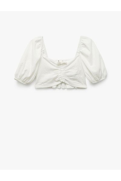Koton New Season Square Collar Gipe Detailed Balloon Sleeve Crop Blouse