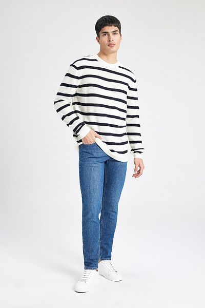 DeFacto Standard Fit Regular Cut Crew Neck Knitwear Striped Sweater B9724Ax24Au