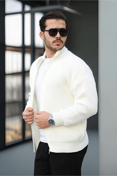 Valiberta Oversize Thessaloniki Knitted Zippered Men's Cardigan - Ecru
