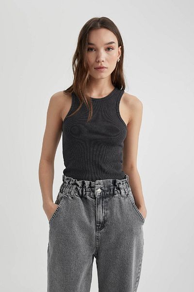 DeFacto Ribbed Camisole Washed Crew Neck Tank Top - Pale Effect B9226Ax24Sm