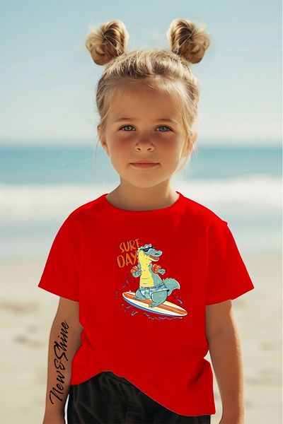 New Shine In Cart 6 or More Purchases Get 1 T-Shirt as a Gift - Surf Day Dinosaur Printed Oversize Children's T-Shirt
