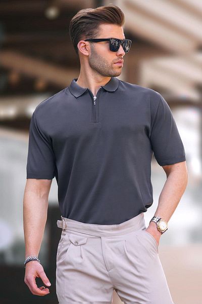 Madmext Anthrazitfarbenes Rollkragen-Strick-T-Shirt mit Reißverschluss 6885