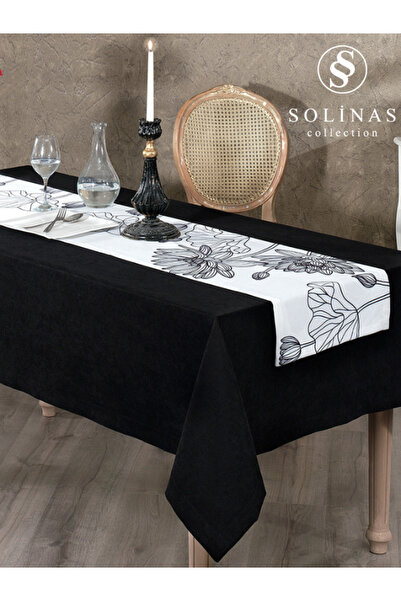 Solinas Collection مفرش طاولة أسود مطبوع رقميًا باللون الأبيض الياسمين - مفرش طاولة أسود على شكل قرص العسل