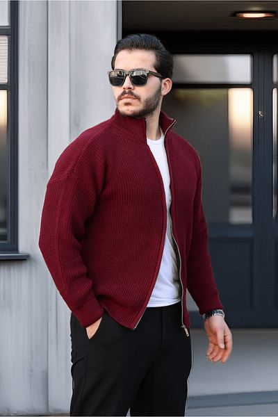 Valiberta Oversize Thessaloniki Knitted Zippered Men's Cardigan - Claret Red
