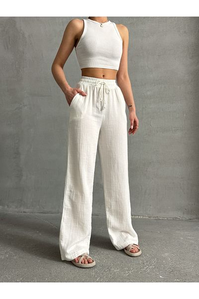 BEJNA Ecru Musselin Palazzo-Hose für Frauen