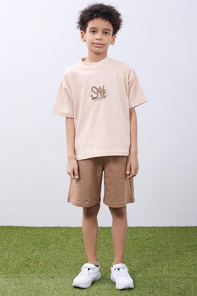Perendi Oversize Boy's Shorts & T-shirt Set - Άνετο και κομψό πέτρινο & καφέ