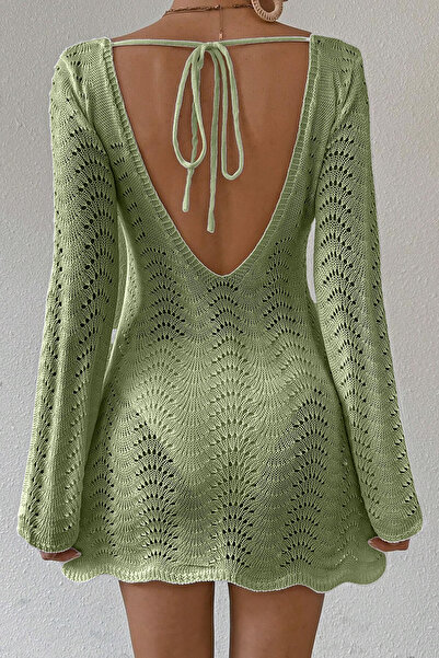 TRQOM Casual φόρεμα παραλίας με ανοιχτό πίσω κορδόνι με λαιμόκοψη V με μανίκια μέντας