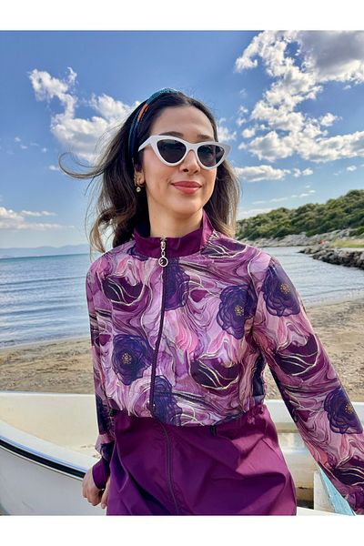 Emayo Full Covered Hijab Swimsuit Pera Purple Flower