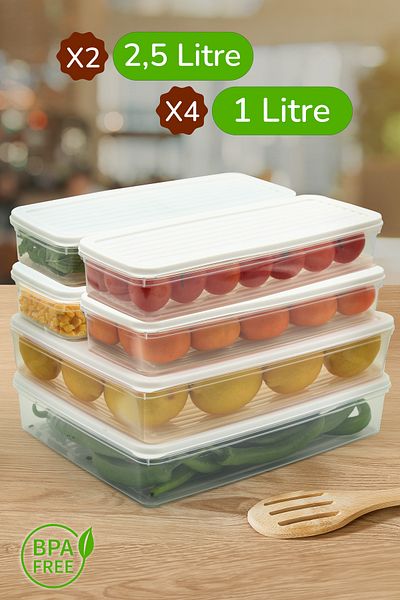 Ayshe Home Concept 6-Piece Storage Container, Microwave Compatible Food Storage Container White-Anthracite 2 X 2500 ml - 4 X 1000 ml