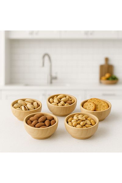 Home Handmade Set of 5 Ashwood Wooden Snack Bowls |   For Natural, Healthy and Stylish Presentations