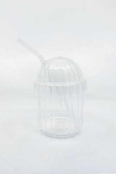 Kitchen Way 400ml Presentation Glass with Straw and Glass Lid, Heat Resistant Borosilicate Soft Drink
