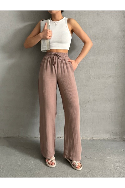 BEJNA Women's Dusty Rose Muslin Palazzo Trousers