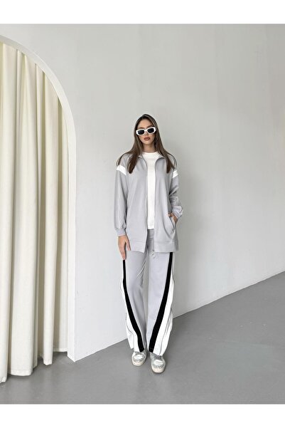 Basicpark Gri Kadın Garnili Fermuar Kapamalı Bol Paça Pamuklu Örme Alt Üst Takım