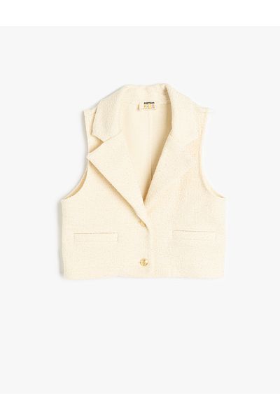 Koton New Season Cotton Pocket Detailed Double Breasted Collar Crop Tweed Vest
