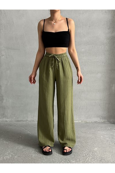 BEJNA Khakifarbene Palazzo-Hose aus Musselin für Damen