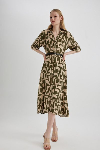 DeFacto Patterned Shirt Collar Midi Dress - Half Sleeve, C2448ax24sp