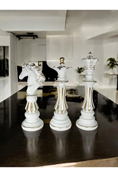 Doremcy 3’lü Satranç Takımı Biblo – Polyester Döküm El Boyama Dekoratif Set Ev Ofis Dekor Hediye