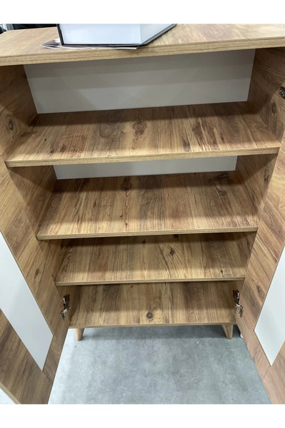 Evistro Ahşap Ayakkabılık Panjur Kapak Meşe 4 Raflı Demonte