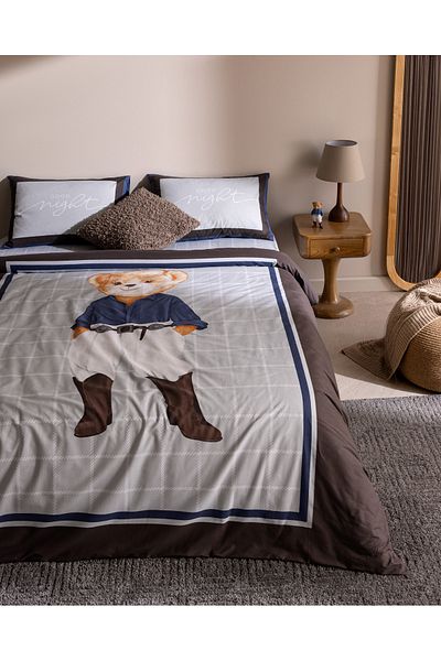 Madame Coco Gournay Bear Single 100% Cotton Ranforce Printed Duvet Cover Set - Gray