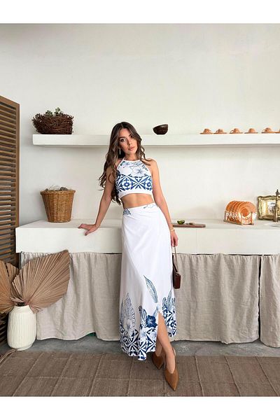 Jeevee Set de fuste maxi cu modele etnice albastre și cu fante