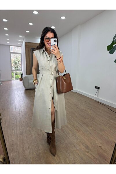 2she فستان كتان برباط على الخصر - حجري