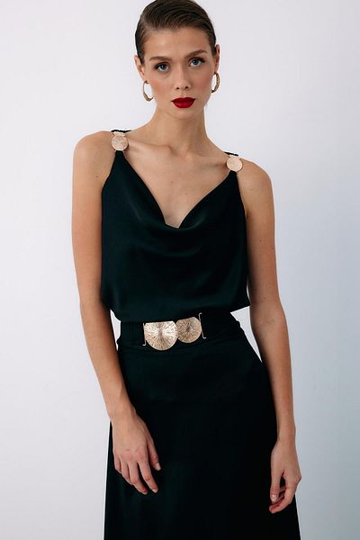 Sateen Casual Blouse with Shoulder Accessory - Black