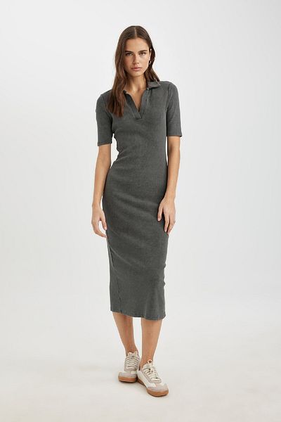 DeFacto Bodycon Polo Neck Ribbed Camisole Short Sleeve Midi Dress C2893AX24SP