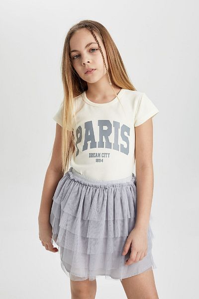DeFacto Girls' Slim Fit Close-Fitting Crew Neck Rib Printed Short Sleeve T-Shirt C2953A824Sm