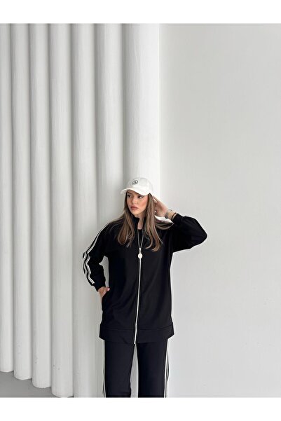 Basicpark Black Women's Stand-Up Collar Zipper Closure Side Pocket Detailed Striped Cotton Loose Wide Leg Knitted Bottom Top Set