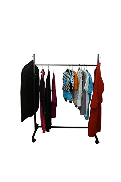 DZGN HOME PASLANMAZ TEKERLEKLİ SİYAH METAL KONFEKSİYON ELBİSE KIYAFET ASKILIK PORTATİF VİTRİN