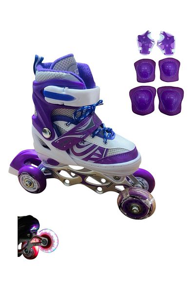 crayz toys Lighted Silicone Wheel - Metal Body 2+2 Adjustable Children & Adult Skates + Knee Pads
