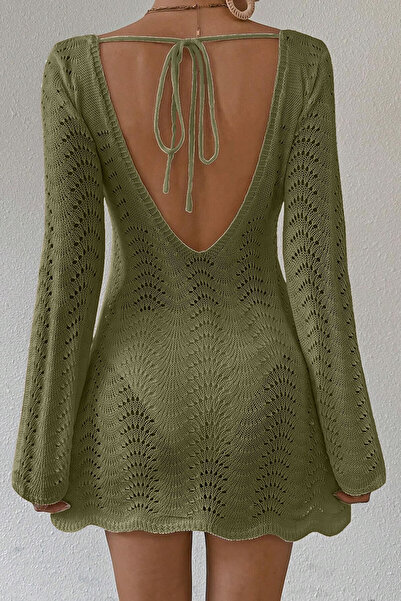 TRQOM Backless Lace-Up V-Neck Bell Sleeve Khaki Color Casual Beach Dress