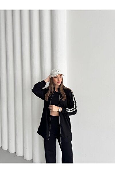 Basicpark Black Women's Stand-Up Collar Zipper Closure Side Pocket Detailed Striped Cotton Loose Wide Leg Knitted Bottom Top Set