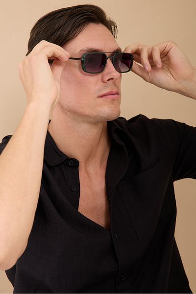 Eyesofia Shot Rectangular Men's Unisex Titanium Matte Green Sunglasses