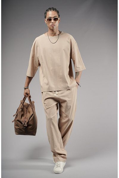 Butik TREND BIZ Σετ λινό ύφασμα Oversize Mold Bottom Top