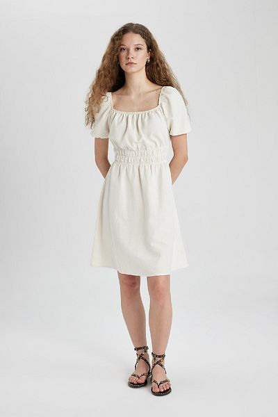 DeFacto Kurzärmliges Minikleid aus Leinen mit quadratischem Ausschnitt A4768AX24SM