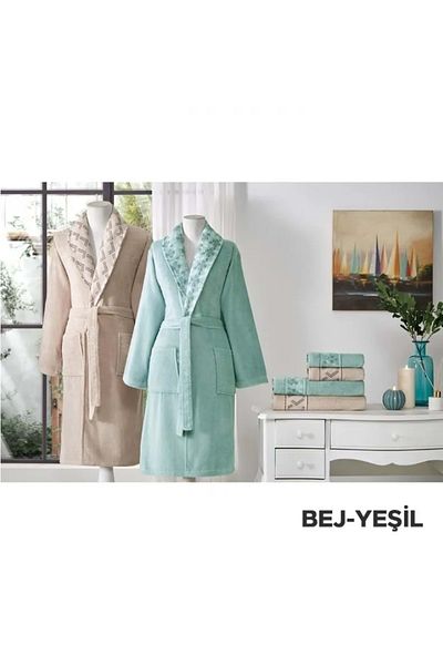 Özdilek Özdilek 60% Bamboo 40% Cotton Οικογενειακό Σετ Μπουρνούζι-Fiore Line Beige Green