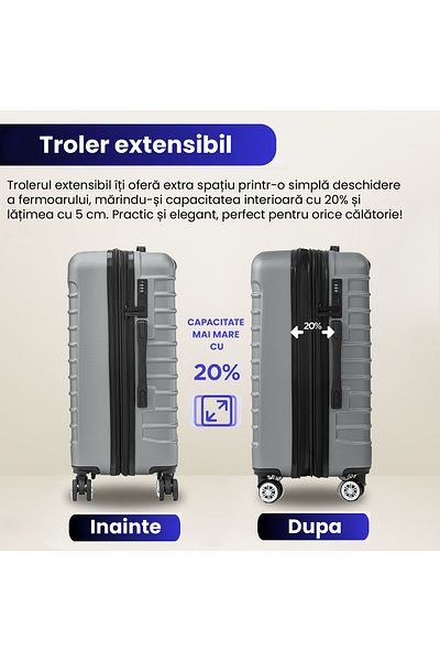 Quasar & Co. Troler Mediu Extensibil, Troller Line,66x41x26-31cm, Bagaj De Cala, Geamantan 4 Roti,cifru,argintiu