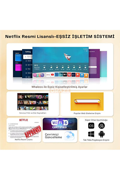 Omaze V8 Vision Android Taşınabilir Sinema Projeksiyon Wifi Destekli En Güncel Sürüm Akıllı Projektör