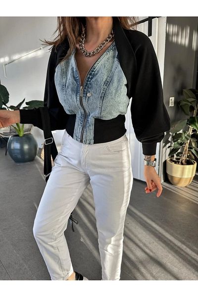 QİMYA BUTİK Klein Women's Front Jean Sleeves & Back Knitted Sports Coat
