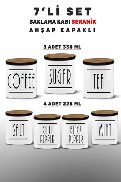 bymat 7 Pieces Storage Container Lid for Salt, Pepper, Flaked Pepper, Sugar, Coffee, Mint, Spice Set 7Mdl8